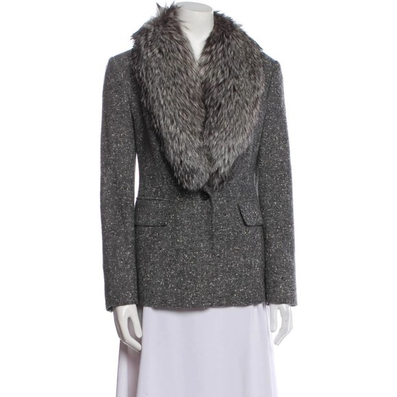 Designer Michael Kors Collection Grey Tweed Shawl Collar Fox Fur Trim Blazer Med - Picture 7 of 7